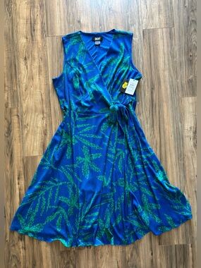 DKNY NWT Women's Size 22W Blue Green Print Faux Wrap Dress Plus Size MSRP $139